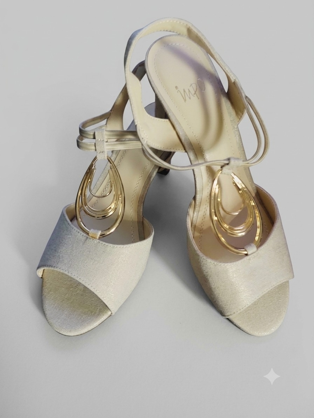 Impo Shimmery Cream Slingback Heels with Gold Teardrop Ornaments